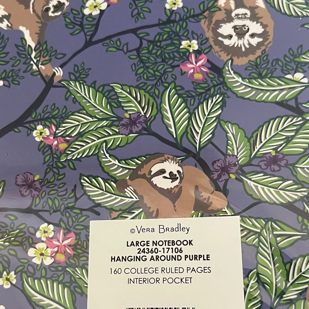 Vera Bradley Hanging Around Large Sloth Spiral Notebook w pocket insert NIP